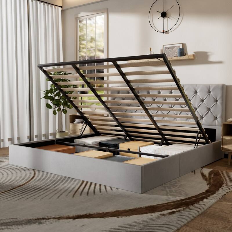 Plywood Frame Upholstered Platform Bed with Lift-up Storage Supported by Metal and Wooden Slats