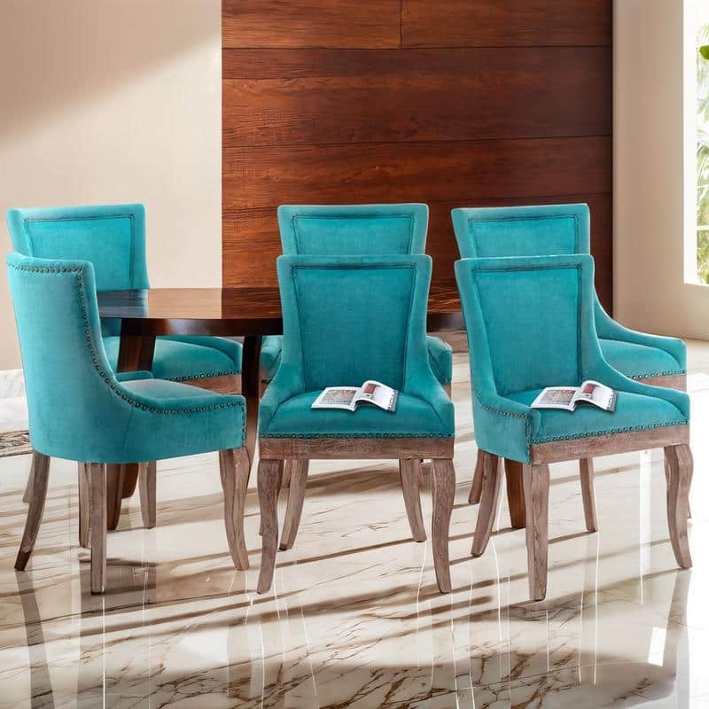 Thickened Side Dining Chair with Solid Wood Legs Set of 6 - Blue