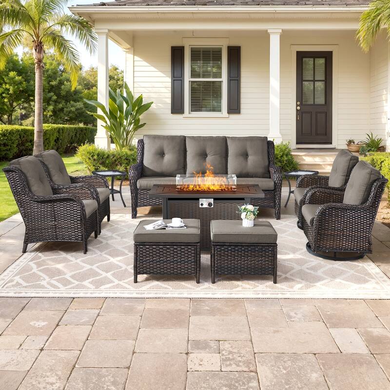Gymojoy 10-Piece Outdoor Wicker Patio Set with Swivel Glider Chairs & 55,000 BTU Fire Pit Table for Garden, Backyard, Poolside - Brown Wicker / Grey Cusion - 10-Piece