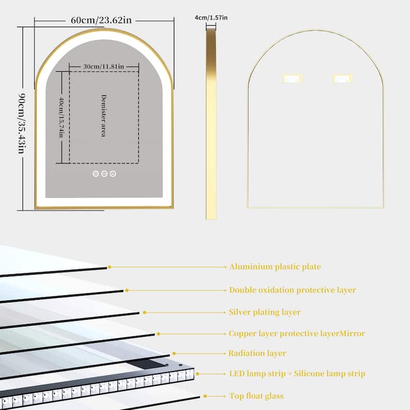 Gold Bathroom Arch LED Vanity Mirror Anti Fog Dimmable Memory 3 Colors - 36"x24"x1.6"