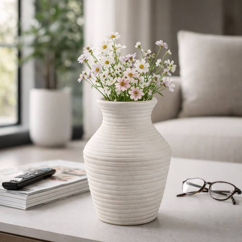 Sculptural Ribbed Paper Mache Table Vase - Stylish Tall Flower Vase