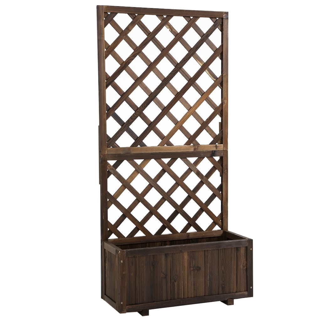 2.4 x 1 x 4.9 Ft Garden Wooden Pine Trough Planter with Topped Trellis Climbing Plants Flower Raised Bed, Carbonized