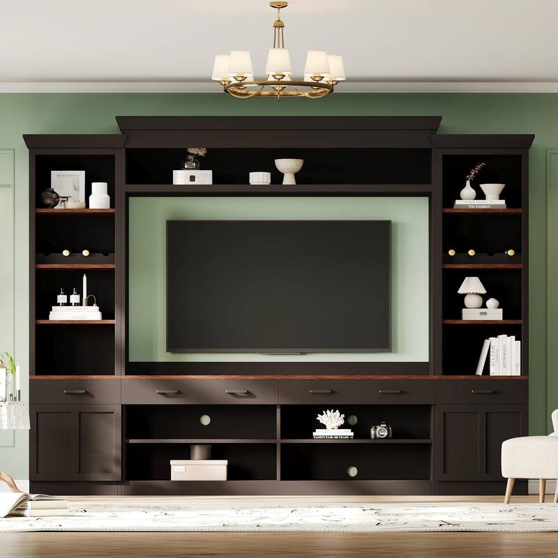 Entertainment Wall Unit Set with Bookshelf for TVs Up to 70", Mid-Century Media Console TV Stand with Adjustable Shelves