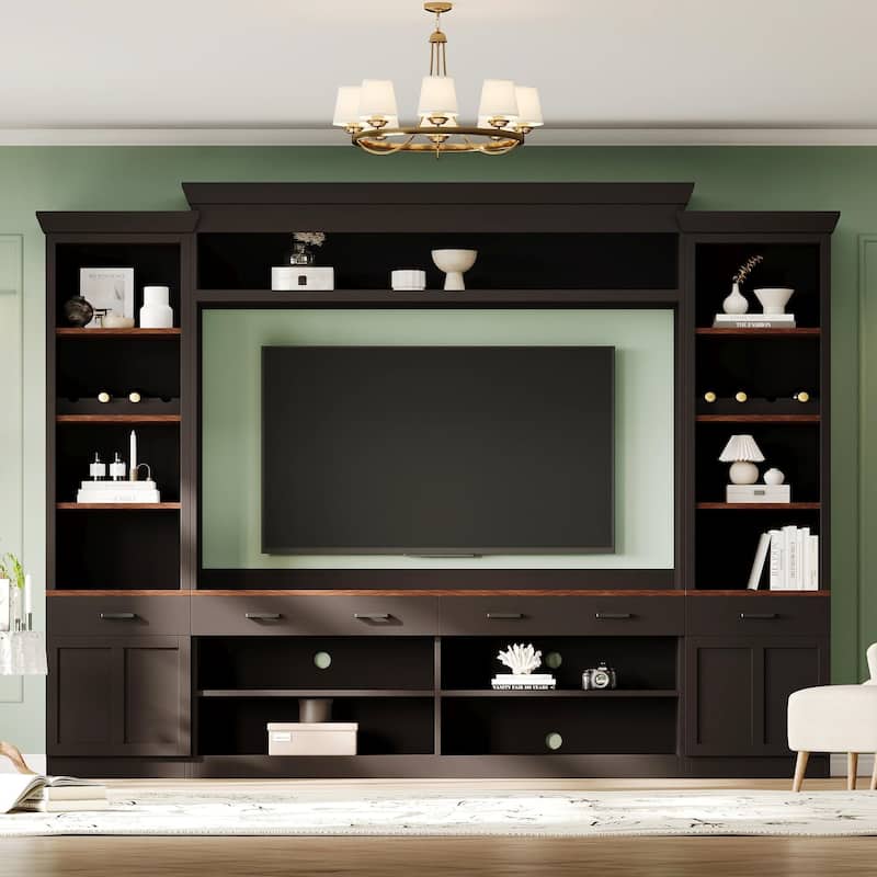 Roomfitters Mid-Century 4-Piece Entertainment Wall Unit with Bookshelves, TV Stand for TVs up to 70" withShelves and Wine Rack