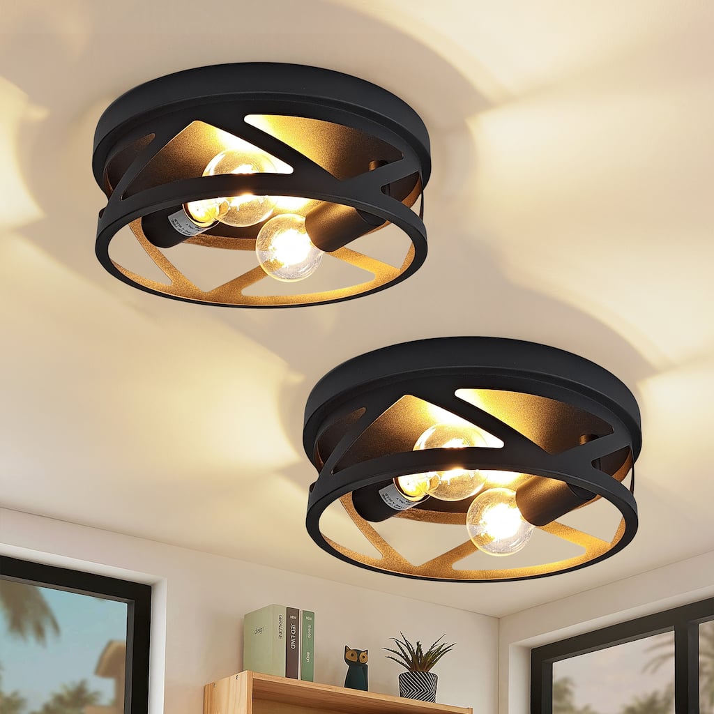 2-Light Industrial Flush Mount Ceiling Light, Black Metal Cage, E26 Base, Modern Farmhouse Lighting for Hallway, Bedroom