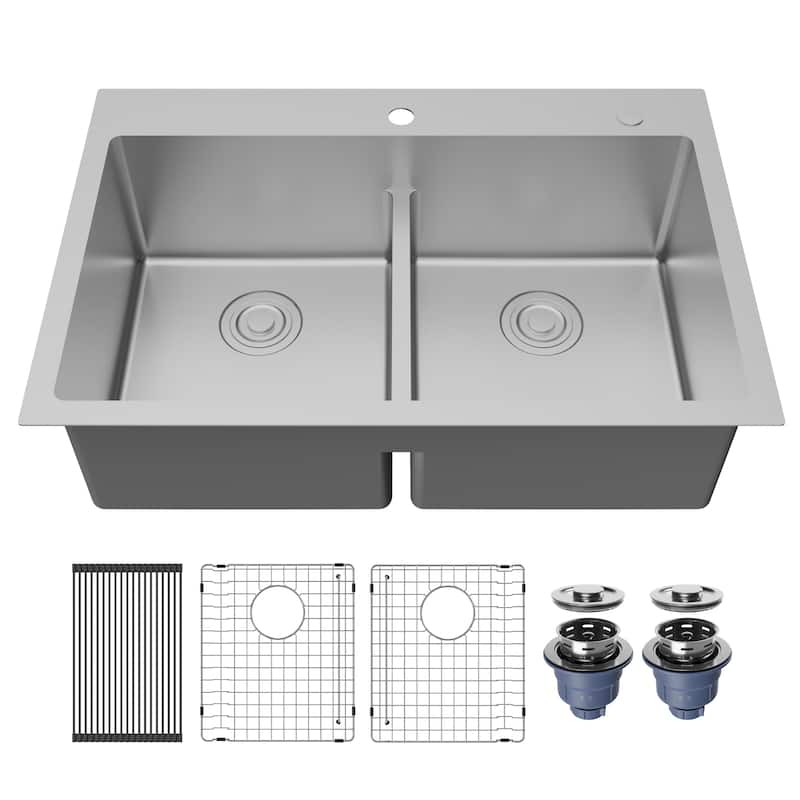 Karran Fusion Top Mount 33-in x 22-in Stainless Steel Double Equal Bowl Kitchen Sink