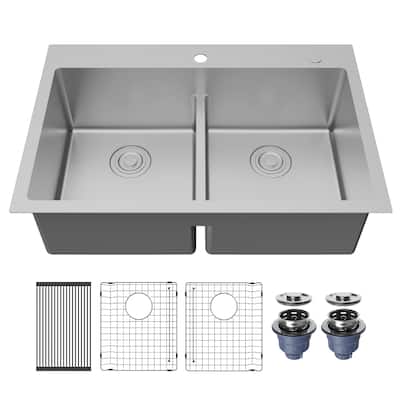 Karran Fusion Top Mount 33-in x 22-in Stainless Steel Double Equal Bowl Kitchen Sink