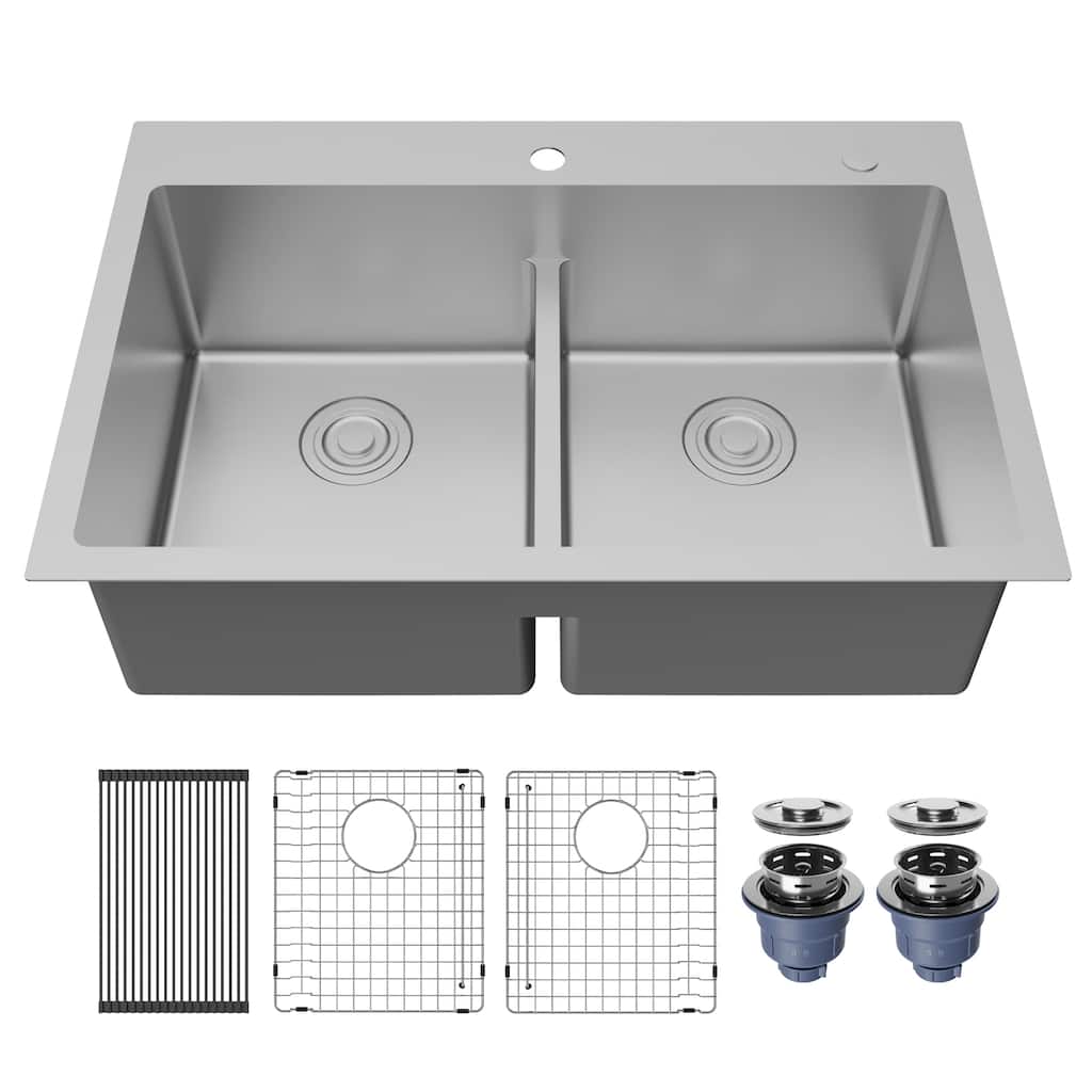 Karran Fusion Top Mount 33-in x 22-in Stainless Steel Double Equal Bowl Kitchen Sink