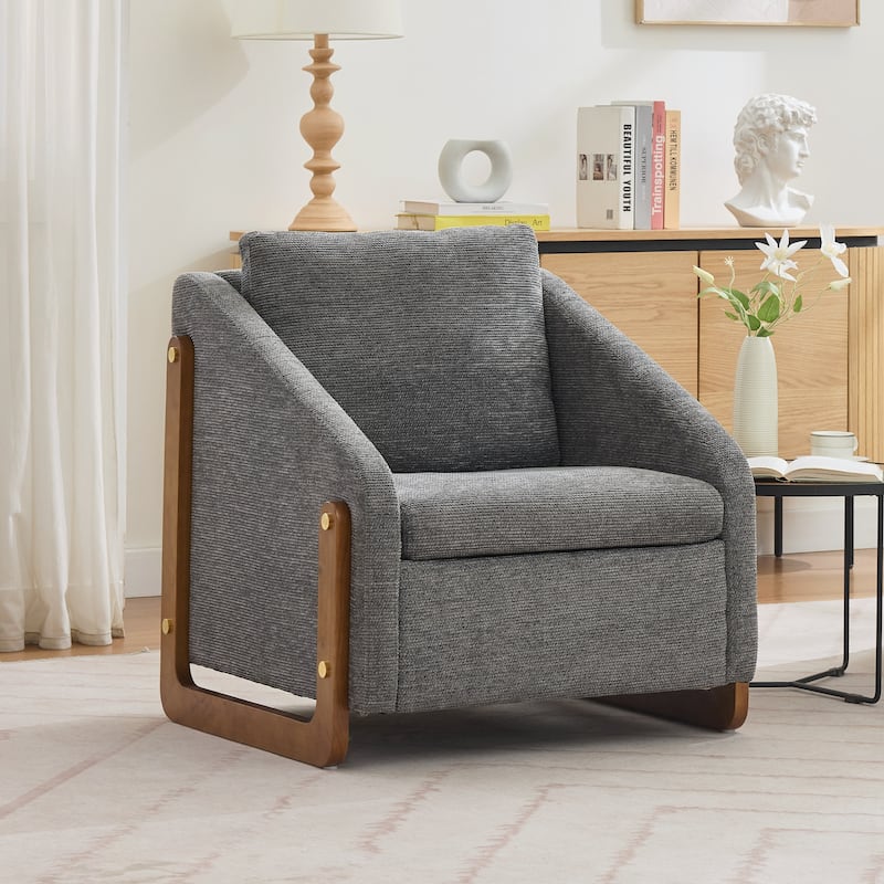 Modern Upholstered Armchair with Wooden Side Frame , Accent Leisure Chair with Cushioned Seat and Backrest - Grey
