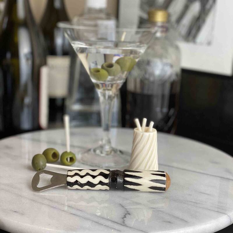 Hand-carved Bar Kit Cocktail Picks with Jar & Bottle Opener, Natural Bone