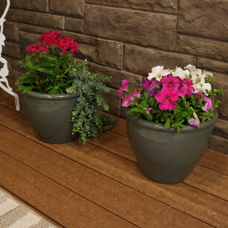 Sunnydaze Set of 2 Chalet High-Fired Glazed Ceramic Planter - Gray - 12-Inch