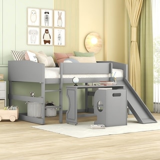 Full Size Low Study Loft Bed with Rolling Portable Desk and Chair,Multiple Functions Bed for Kids