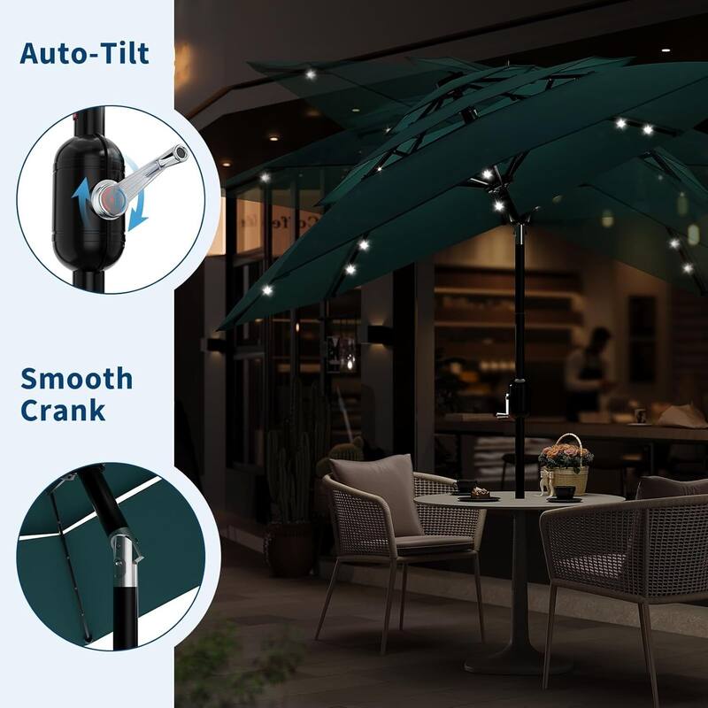 3-Tier 10Ft Patio Umbrella, Easy Crank and Push Button Tilt for Pool, Deck, Yard, Garden with LED Lights (No Base)