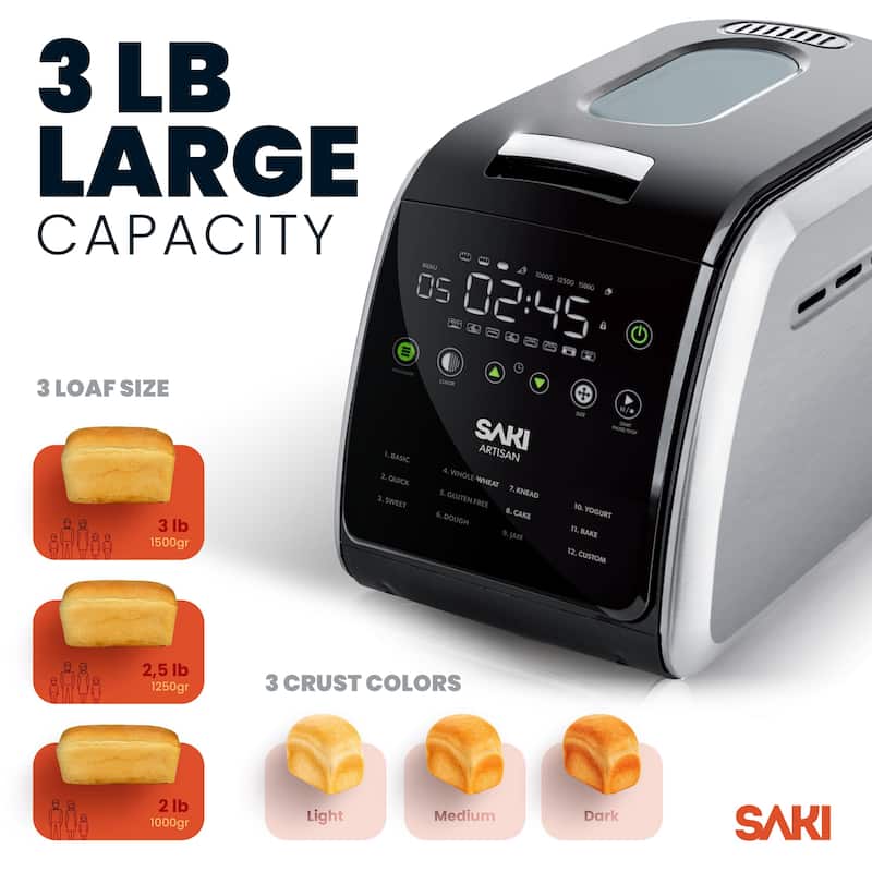 Saki Bread Maker with Non-stick Ceramic Bread Pan, Stainless Steel, 12-in-1 Programmable - 3lb