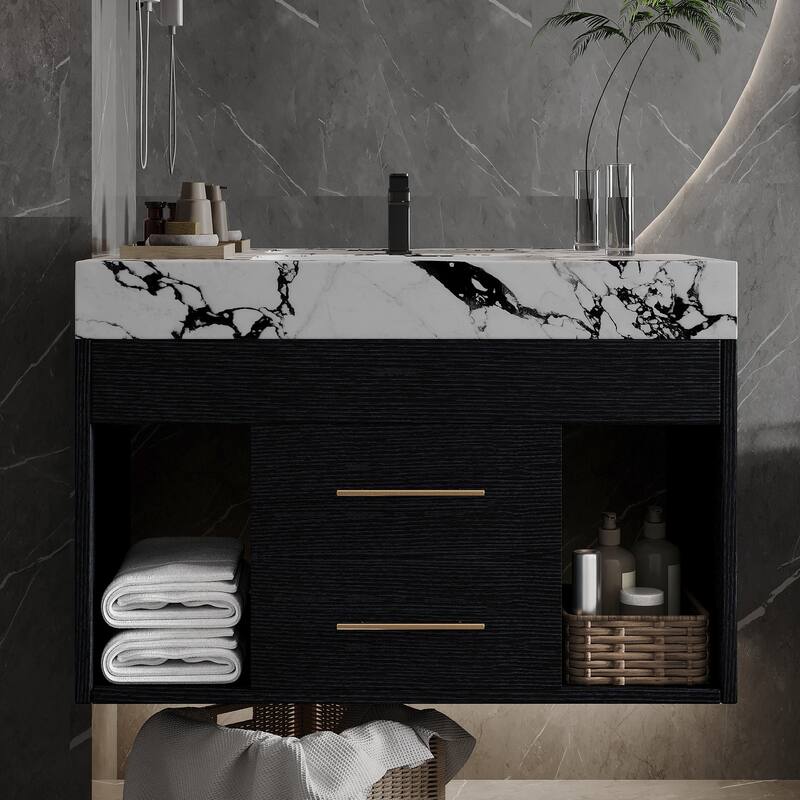 29.9" Floating Bathroom Vanity for Small Bathrooms - Sintered Stone Top & Ceramic Undermount Sink - Black