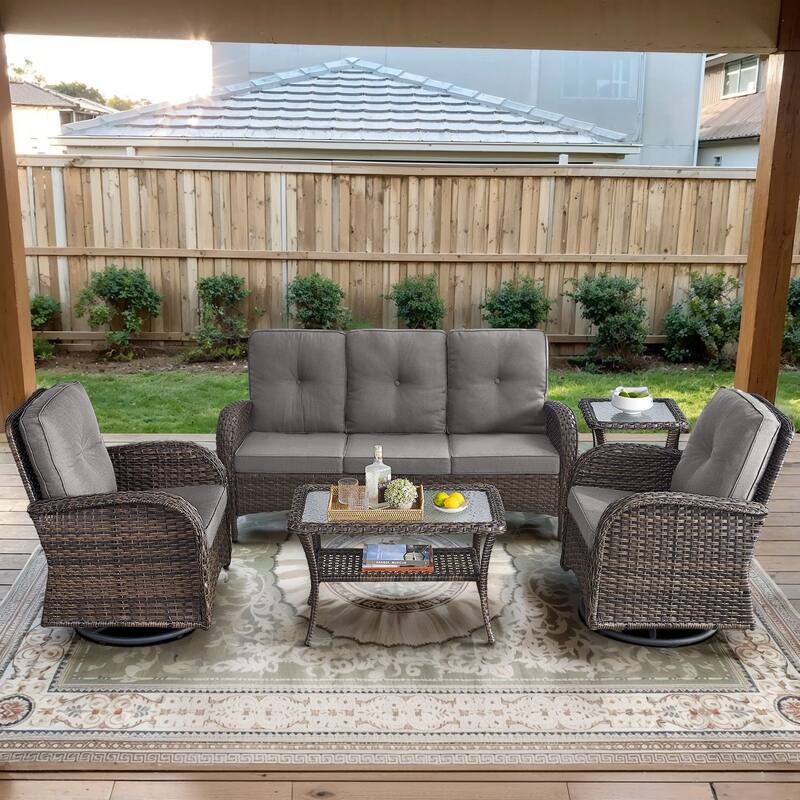 Gymojoy Outdoor Wicker Patio Furniture Sofa Set - Luxurious Comfort, Weather-Resistant - 5-Piece - Sofa & Swivel Chairs - Brown Wicker / Grey Cusion