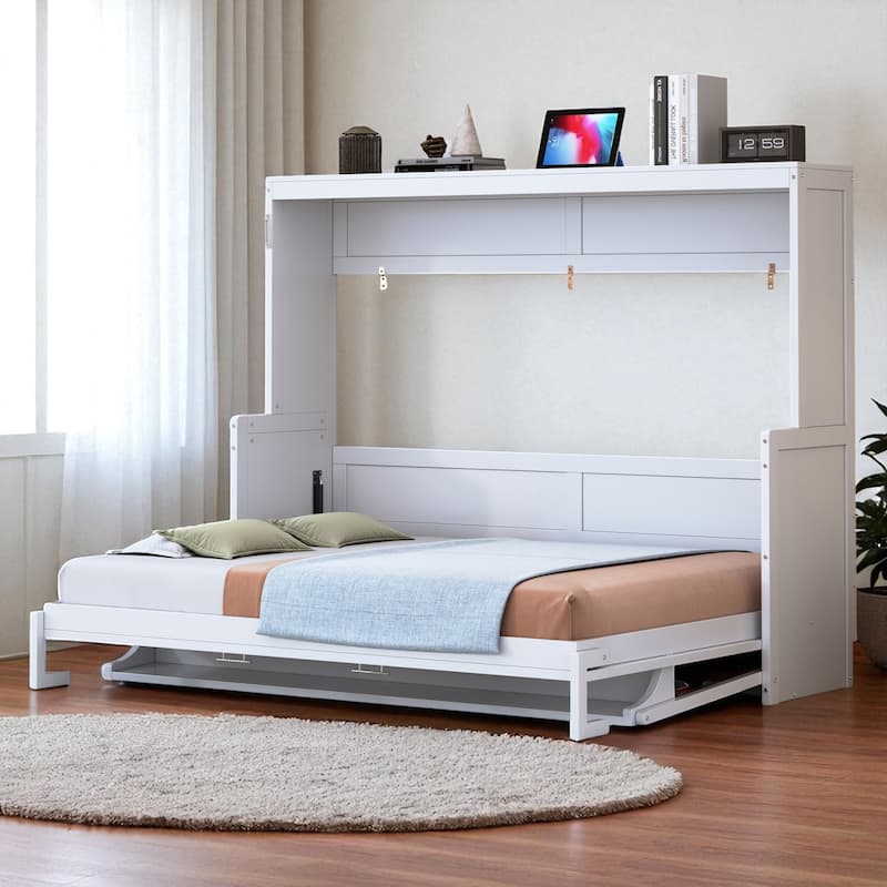 Full/Queen Murphy Wall Bed with Desk, Hydraulic Lift, 600 lb Capacity, 10 in Mattress, Space-Saving Home Office