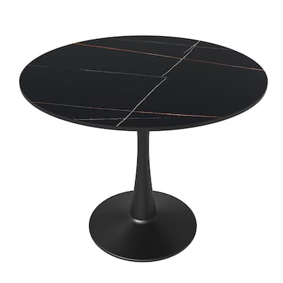 Bristol 35" Round Dining Table for 4 with Sintered Stone Tabletop in Black Base for Kitchen & Dining Room