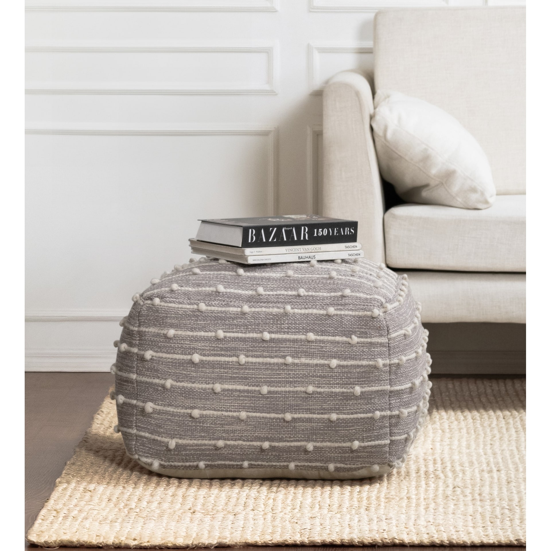 Jani Georgette 22 x 22 x 16 Gray & Ivory Square Pouf Ottoman - Handmade Footrest for Living Room, Bedroom
