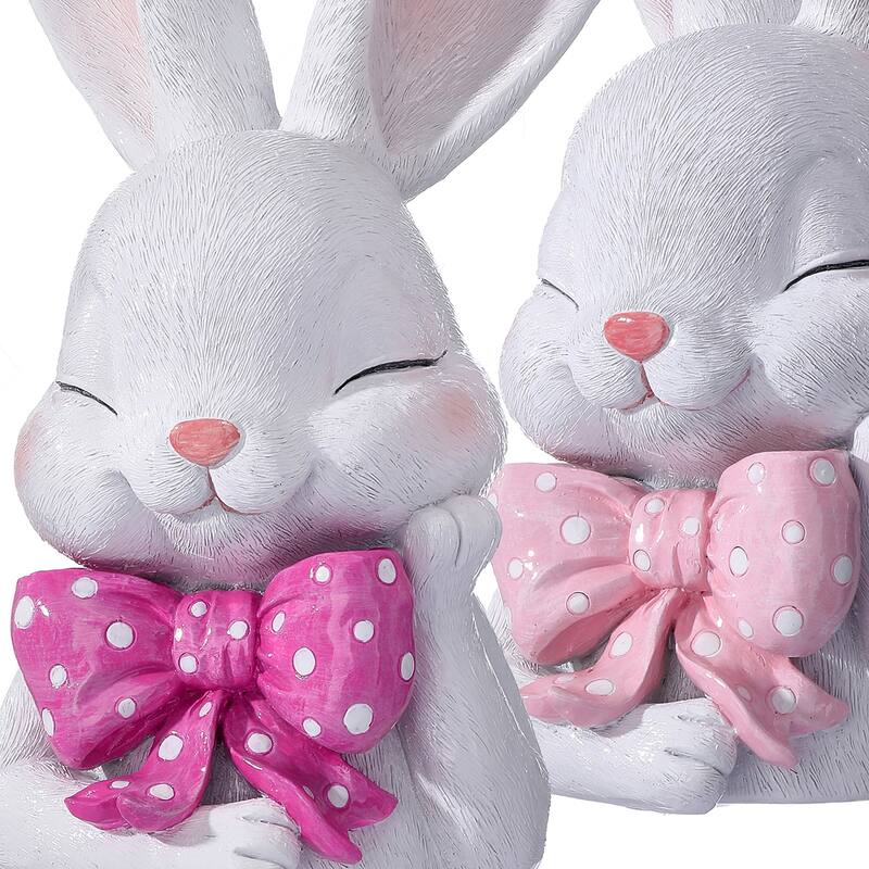 11" Resin Bunny With Polka Dot Bowtie Set of 2