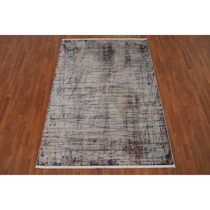 Machine Made Oriental Polyester Carpet Modern Greys & Charcoal Distressed Area Rug - 7' 5'' X 5' 2''