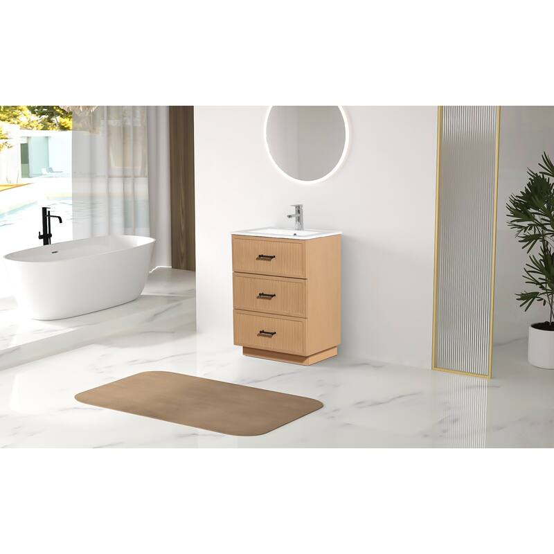 30" Freestanding Bathroom Vanity with Ceramic Sink and 2 Storage Drawers, Stylish Gray Floor Cabinet