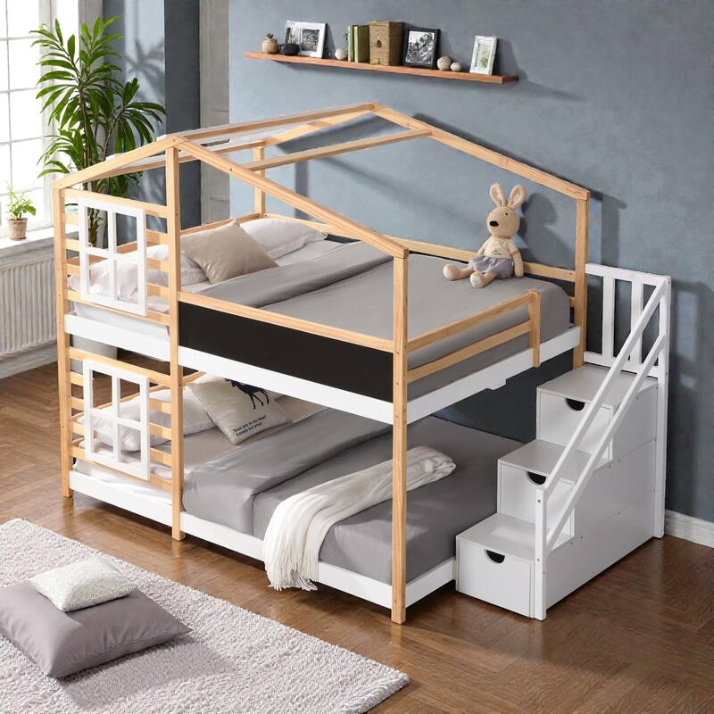 Full over Full / Twin over Twin House Bunk Bed with Roof, Windows, Blackboard, Storage Stairs, Solid Wood Frame