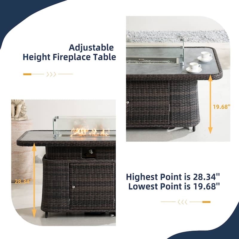 50,000 BTU Adjustable Height Aluminum Propane Fire Pit Table with Faux Stone Glass Top and Wind Guard