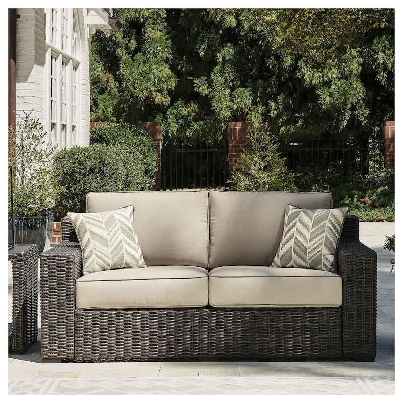 Signature Design by Ashley Coastline Bay Brown Outdoor Loveseat with Cushion - 71" W x 36" D x 36" H - Brown - 71" W x 36" D x 36" H
