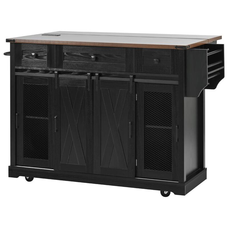 Rolling Kitchen Island Storage Table on 5 Wheels with Sliding Barn Door, Metal Grid Door, Spice Rack, Glass Holders, Drop Leaf
