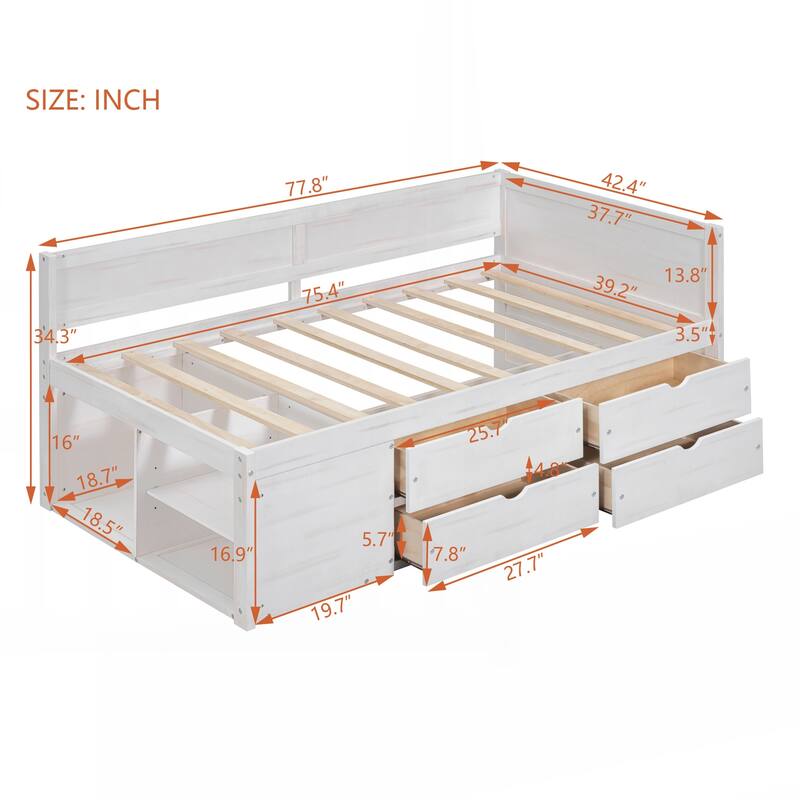 Twin Size Daybed with Drawers and Shelves