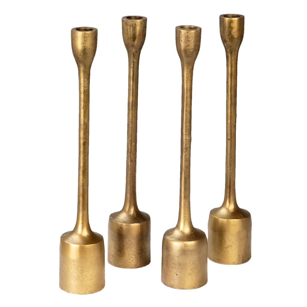 Rawli Set of 4 Antique Brass Finished Cast Aluminum Candle Stands, Long Neck