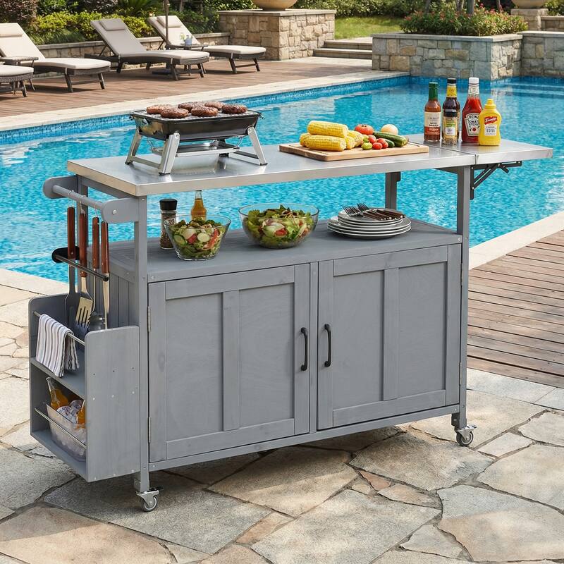 Foldable Outdoor Mobile Portable Kitchen Island Cart with Lockable Wheels, Storage Cabinet and Towel Rack - Grey