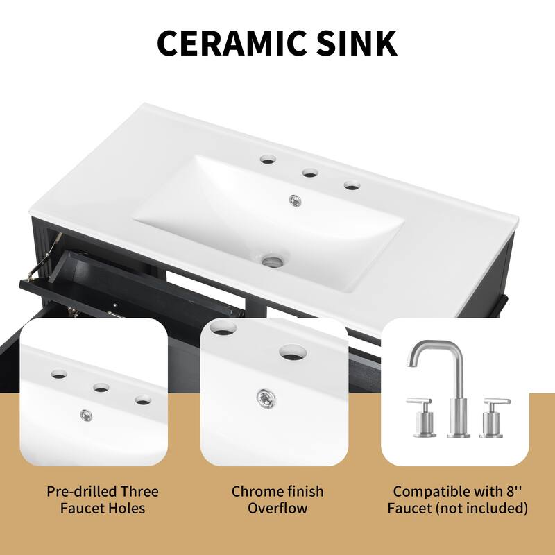 36-Inch Bathroom Vanity with Ceramic Sink, Solid Wood Frame, Flip Drawer and Adjustable Shelf