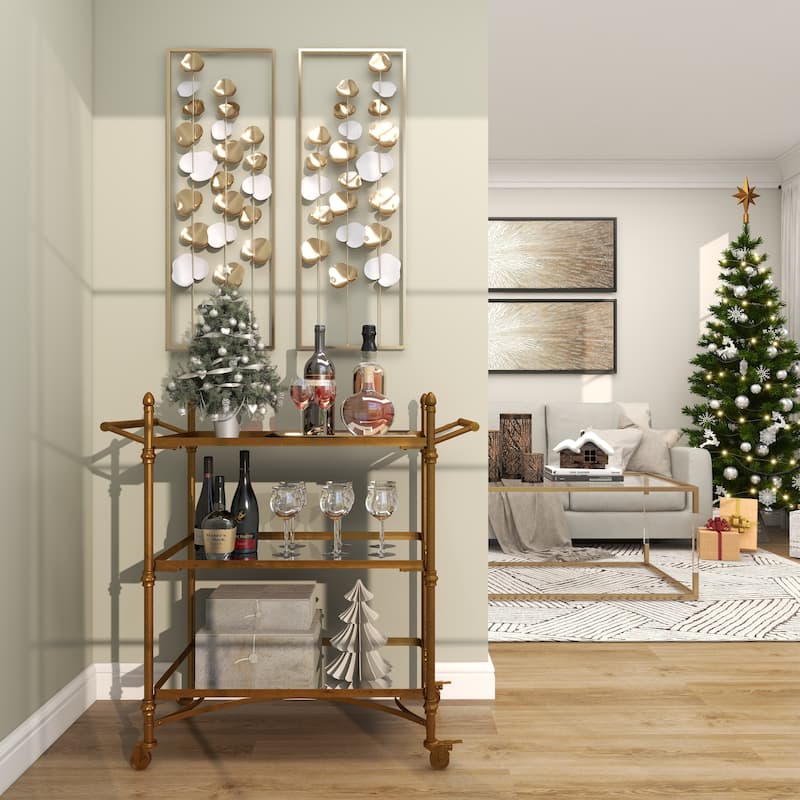Brass Metal Rolling 3 Mirrored Shelves Bar Cart with Handles