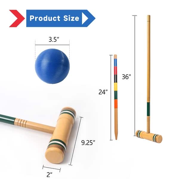 dimension image slide 2 of 3, GSE™ Deluxe 6-Player Player Croquet Set with 6 Mallets & Croquet Balls, 9 Wickets, 2 Stakes and a Carrying Case - Croquet Set