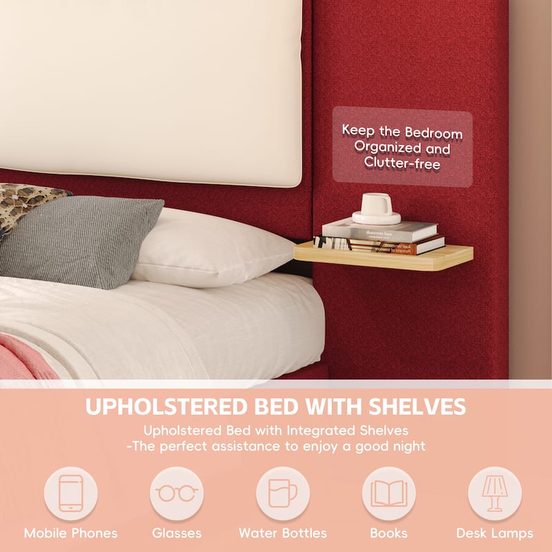 Roomfitters Queen Size Upholstered Platform Bed Frame, Modern Panel Headboard with Rounded Corners, Solid Wood Slats