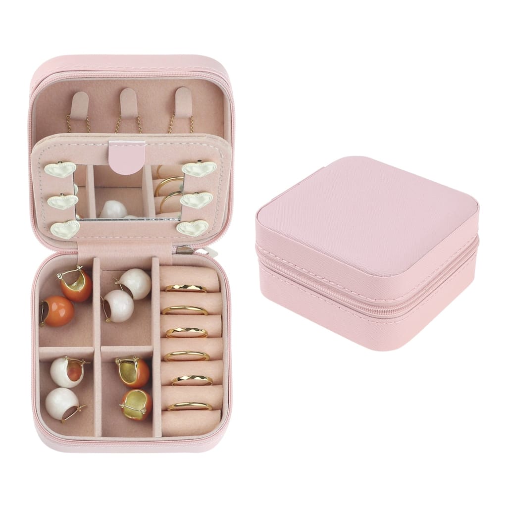 Travel Size Jewelry Box, Small Portable Jewelry Case with Mirror, 2 Layer PU Leather Mini Jewelry Organizer - 10x10x5cm