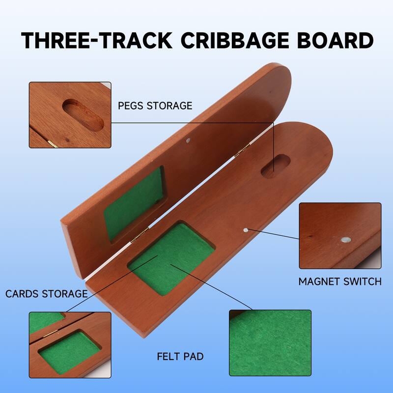 GSE™ 3-Track Wooden Cribbage Board Game with Playing Card Dcek, Metal Pegs and Storage Area