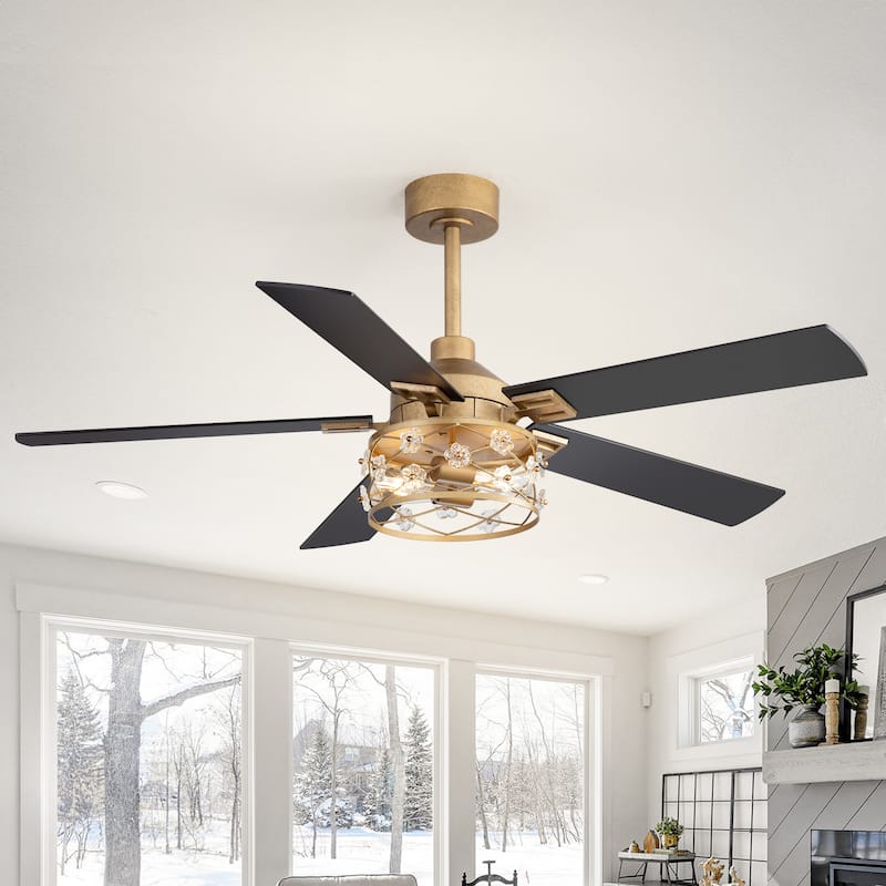 52"/65" Industrial Reversible Wood 5/8-Blade Cage Ceiling Fan with Light Kit and Remote