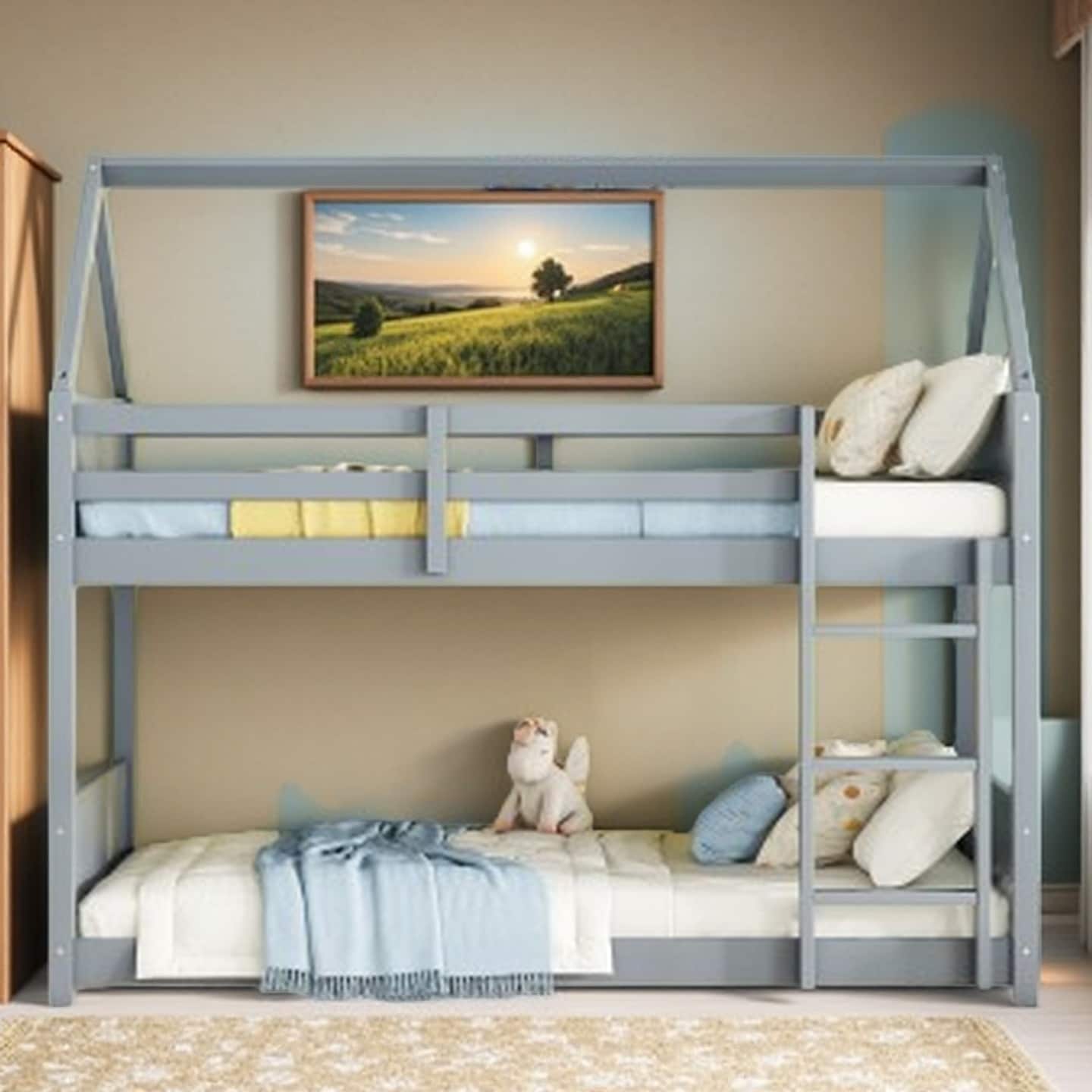 Twin House-Style Floor Bunk Bed Frame for Kids, Low-Profile Wood Bunk with Ladder, Full-Length Guardrails and Head/Foot Boards