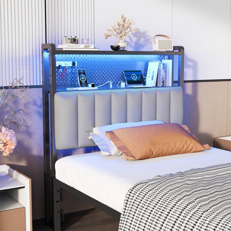 Adjustable Upholstered Headboard with 2 Tier Shelves with Charging Stations and LED Lights, Modern Bed Headboard with Storage - Linen and dark gray - Twin