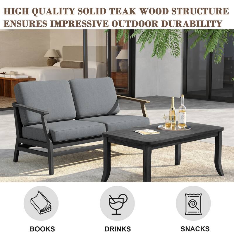 Outdoor Loveseat Sofa with Coffee Table Teak Wood Patio Furniture
