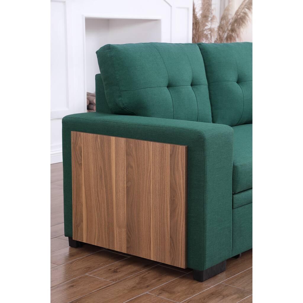 Pull-Out Sectional Sofa with Chaise & Storage,Linen Blend Fabric