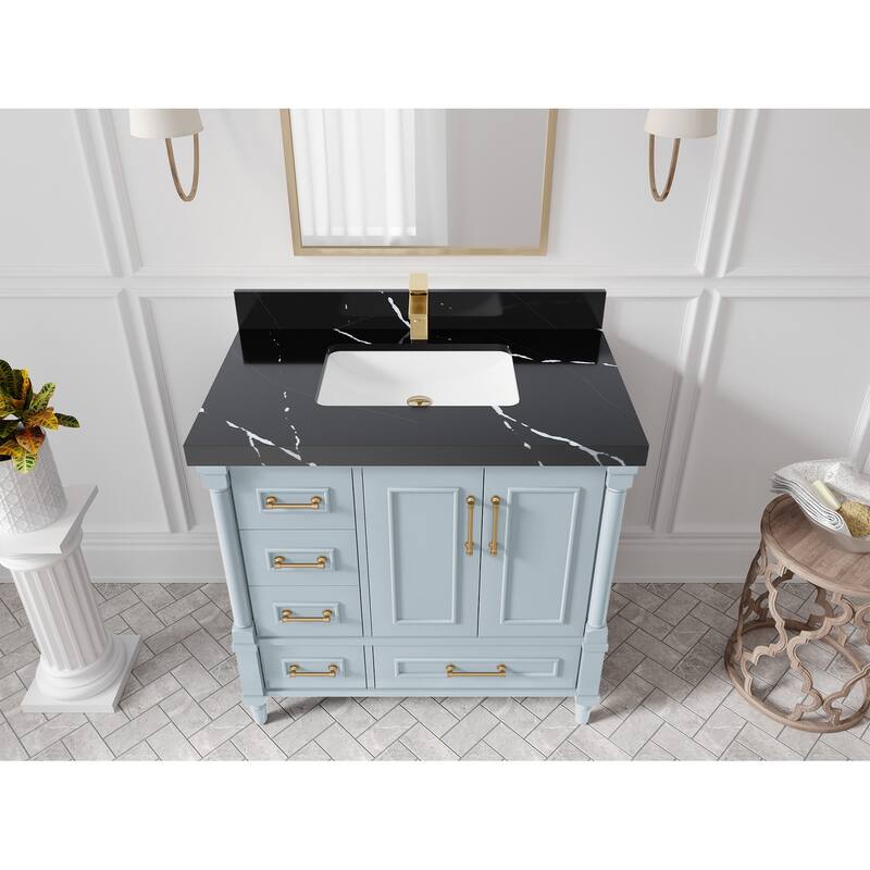 Willow Collections 36 in. W x 22 in. D Reeded Aberdeen Center Right Offset Sink Bathroom Vanity with Countertop - Blue Heather - 2"Calacatta Black
