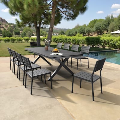 VredHom 11PC Aluminum X Frame Outdoor Patio Dining Set Table with Chairs Umbrella Hole