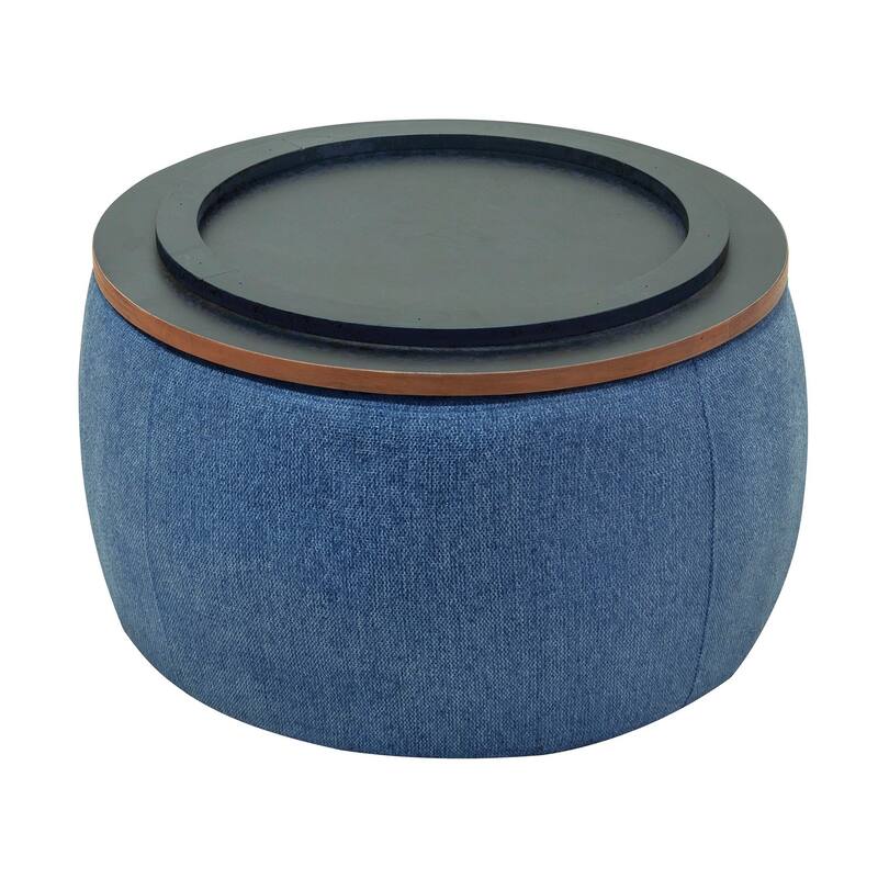 HomeRoots 26" Blue and Brown Fabric And Wood Reversible Tray Top Round Storage Ottoman