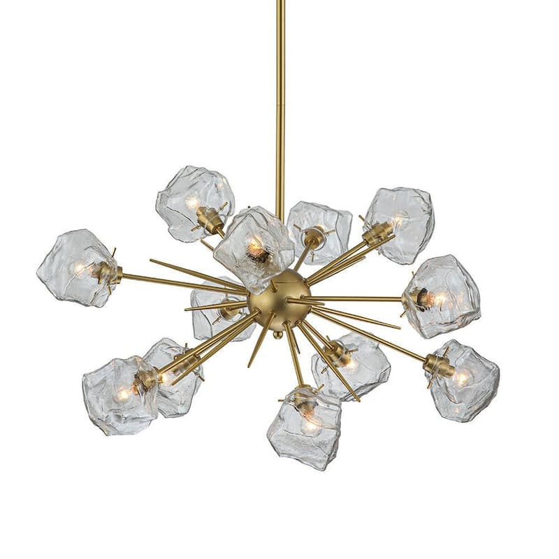 12-Light Sunburst Clear Glass Ice Shade Chandelier Brushed Brass