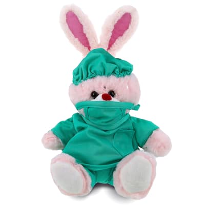 DolliBu Rose Gold Bunny Doctor Plush Toy with Scrub Uniform and Cap - 8 inches