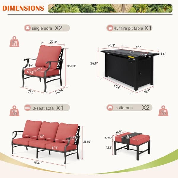 dimension image slide 13 of 19, MAISON ARTS Outdoor Sofa Set 4/6-Piece Patio Conversation Set with 45'' Gas Fire Pit Table